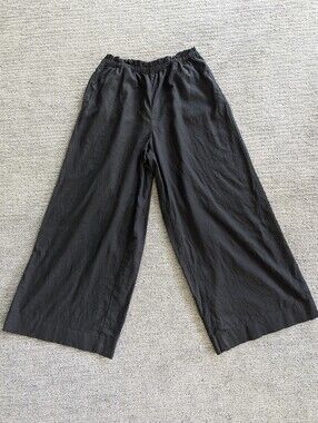 Aerie High-Waisted Wide-Leg Linen-Blend Pants Black Breathable Vacation Beach